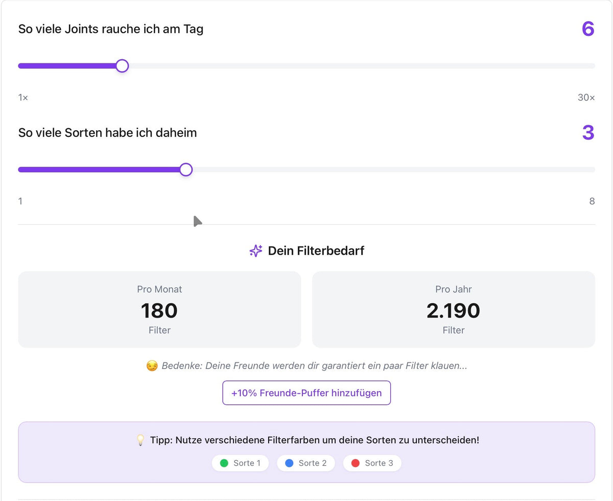 Joint-Kalkulator. Wie viele Aktivkohlefilter brauchst du im Jahr?