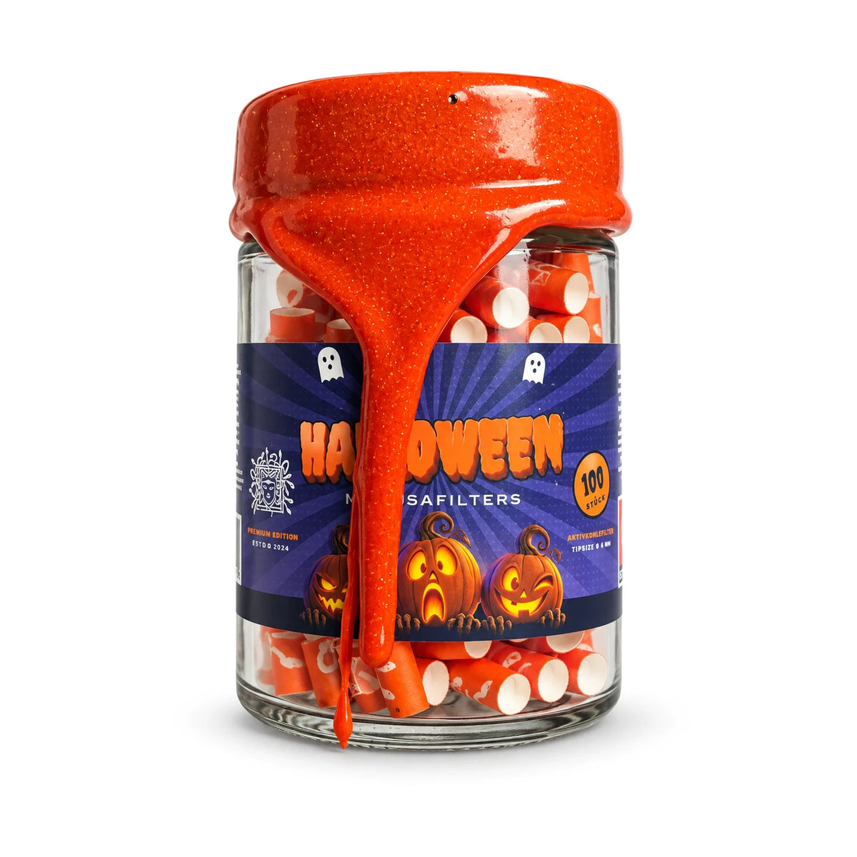 Medusafilters Aktivkohlefilter 100er Glas HALLOWEEN Edition 2026 mit orangefarbenem Wachssiegel