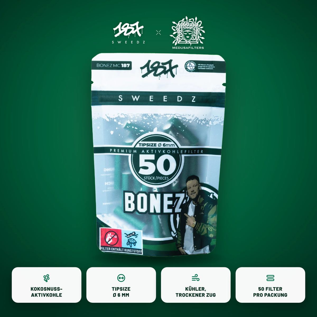 187 Straßenbande Edition BONEZ MC, 50er-Packung Aktivkohlefilter 6 mm mit Kokosnuss-Aktivkohle