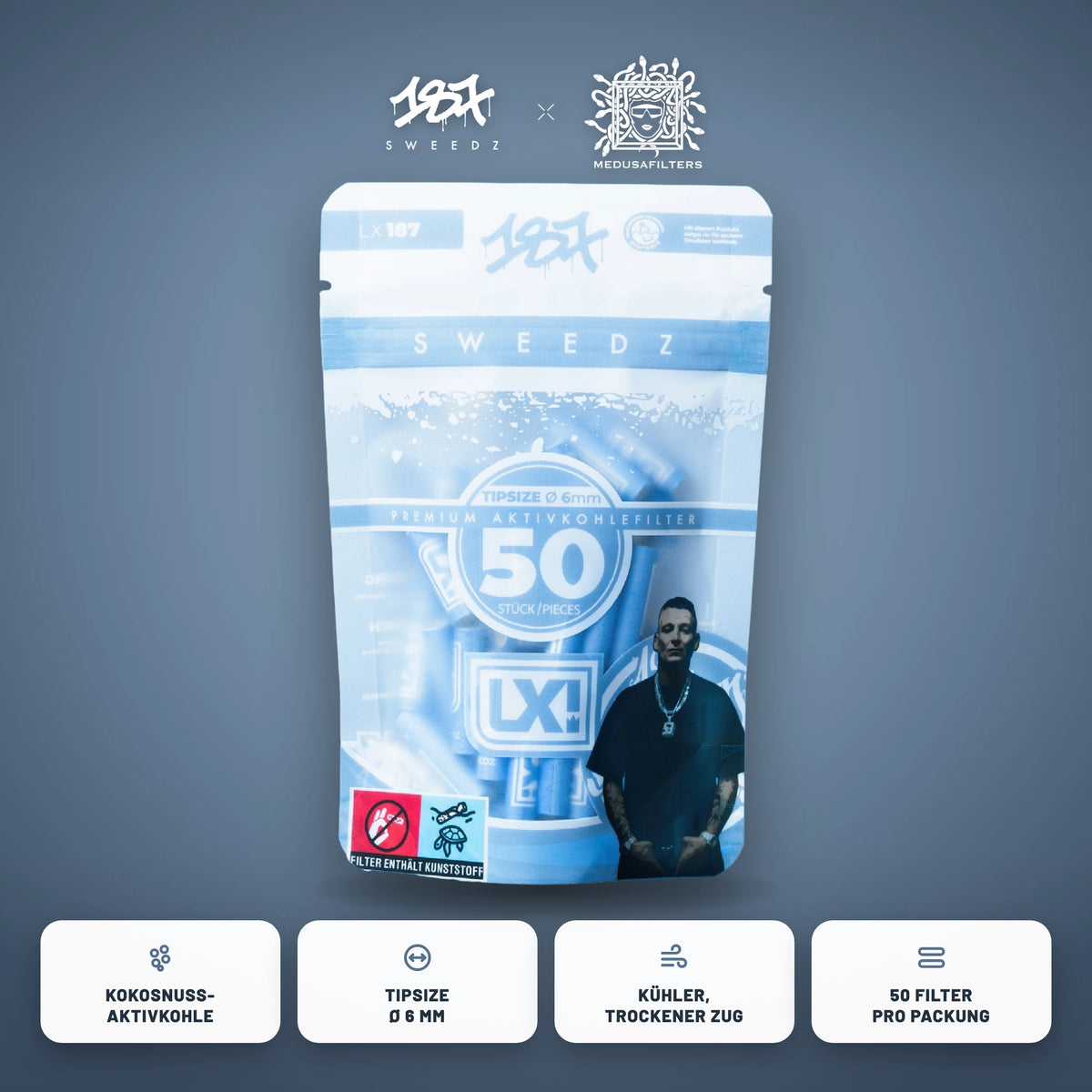 187 Straßenbande Edition LX, 50er-Packung Aktivkohlefilter 6 mm mit Kokosnuss-Aktivkohle