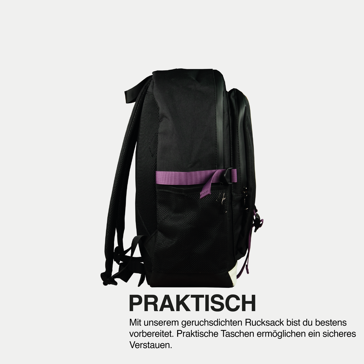Medusafilters Rucksack geruchsdicht, Seitenansicht mit Netzfach
