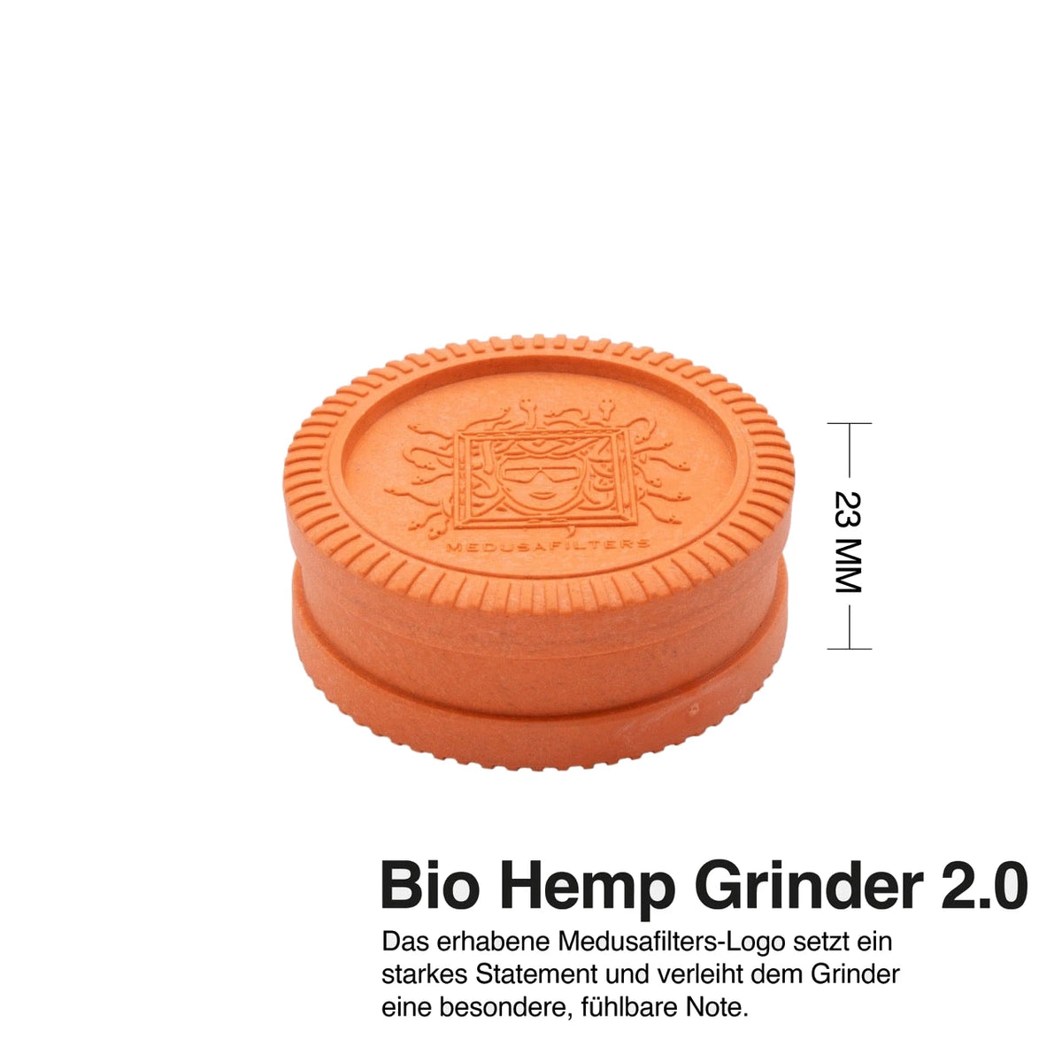 Seitenansicht des Medusafilters Grinders SUNSET mit Medusa-Logo auf dem Deckel, 23 mm hoch