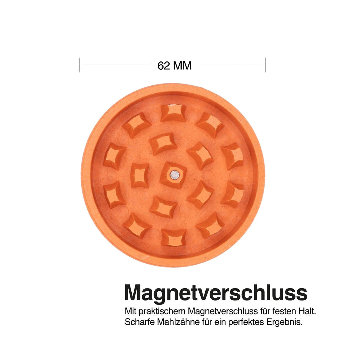 Draufsicht auf die Zähne des Medusafilters Grinders SUNSET mit Magnet in der Mitte, 62 mm Durchmesser