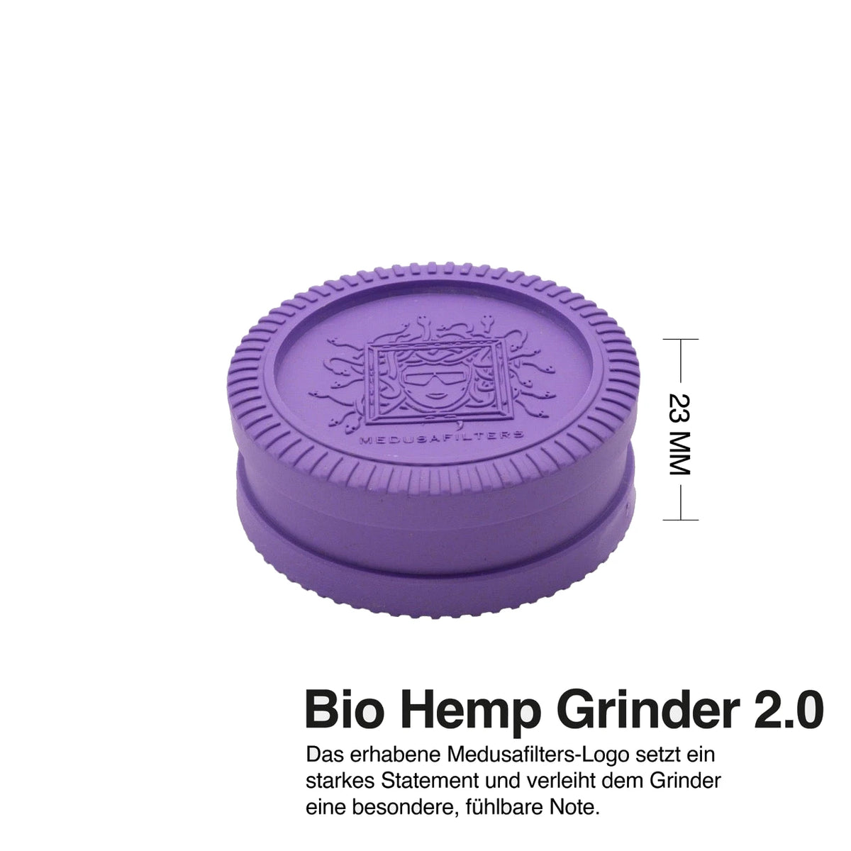 Seitenansicht des Medusafilters Grinders VIOLET mit Medusa-Logo auf dem Deckel, 23 mm hoch