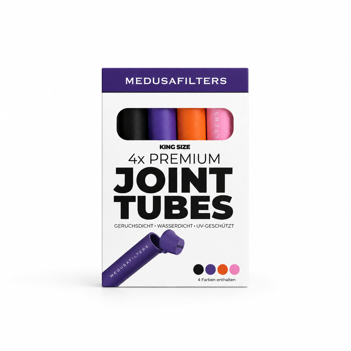 Medusafilters Joint Tube 4er-Set, Packung vorne: je eine Tube in ORGANIC (Schwarz), VIOLET, SUNSET und ROSÉ, King Size