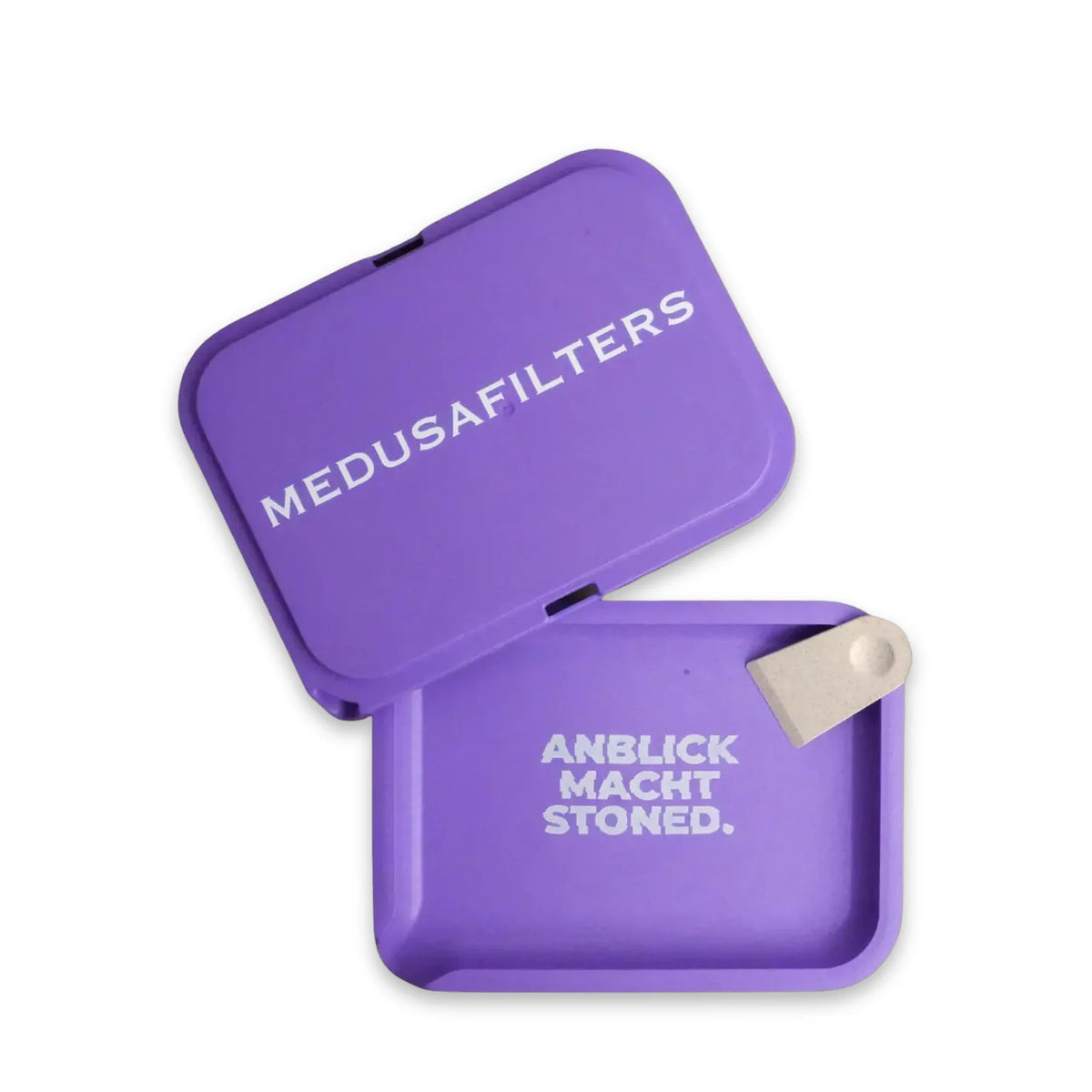 Medusafilters Hemp Tray VIOLET, offen, daneben der Deckel mit Schriftzug MEDUSAFILTERS