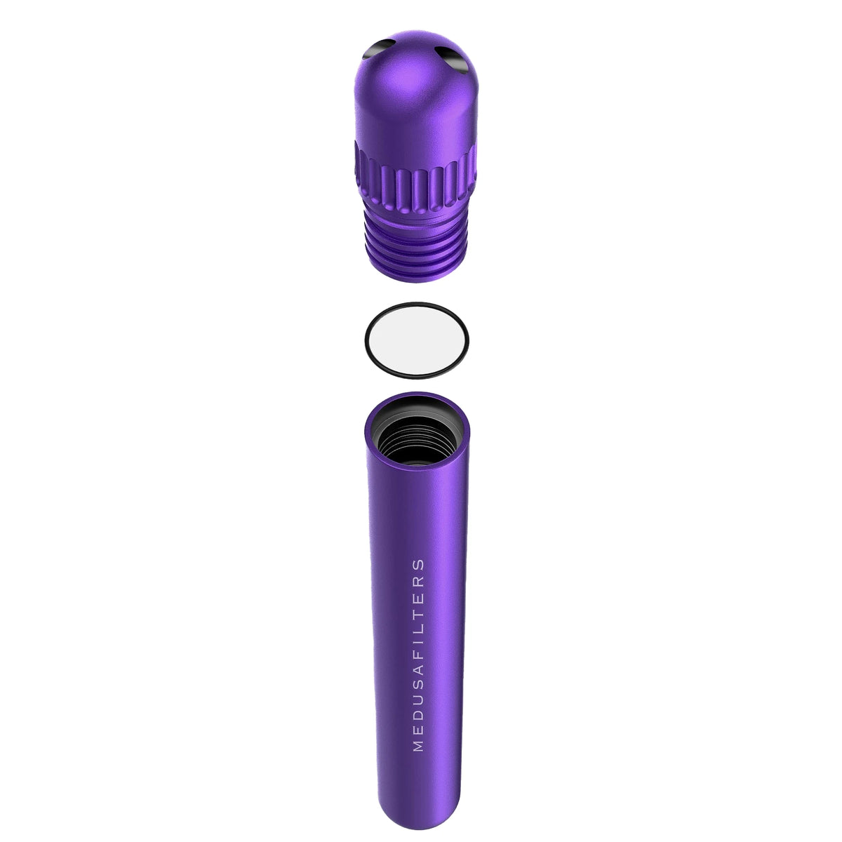 Medusafilters J-Case aus Aluminium in Violett, geöffnet: Schraubdeckel mit Dichtungsring