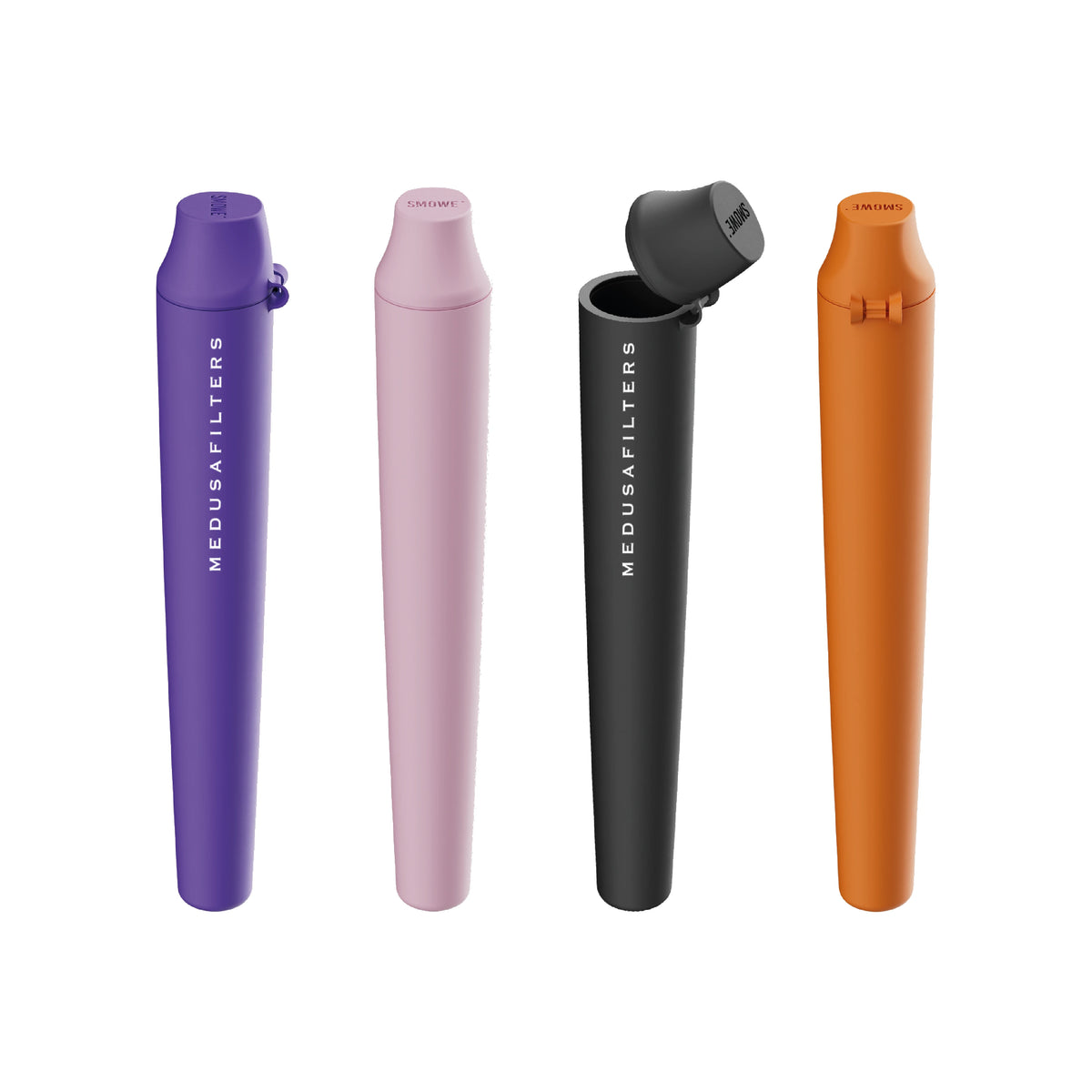 Medusafilters Joint Tube in vier Farben nebeneinander: VIOLET, ROSÉ, ORGANIC und SUNSET