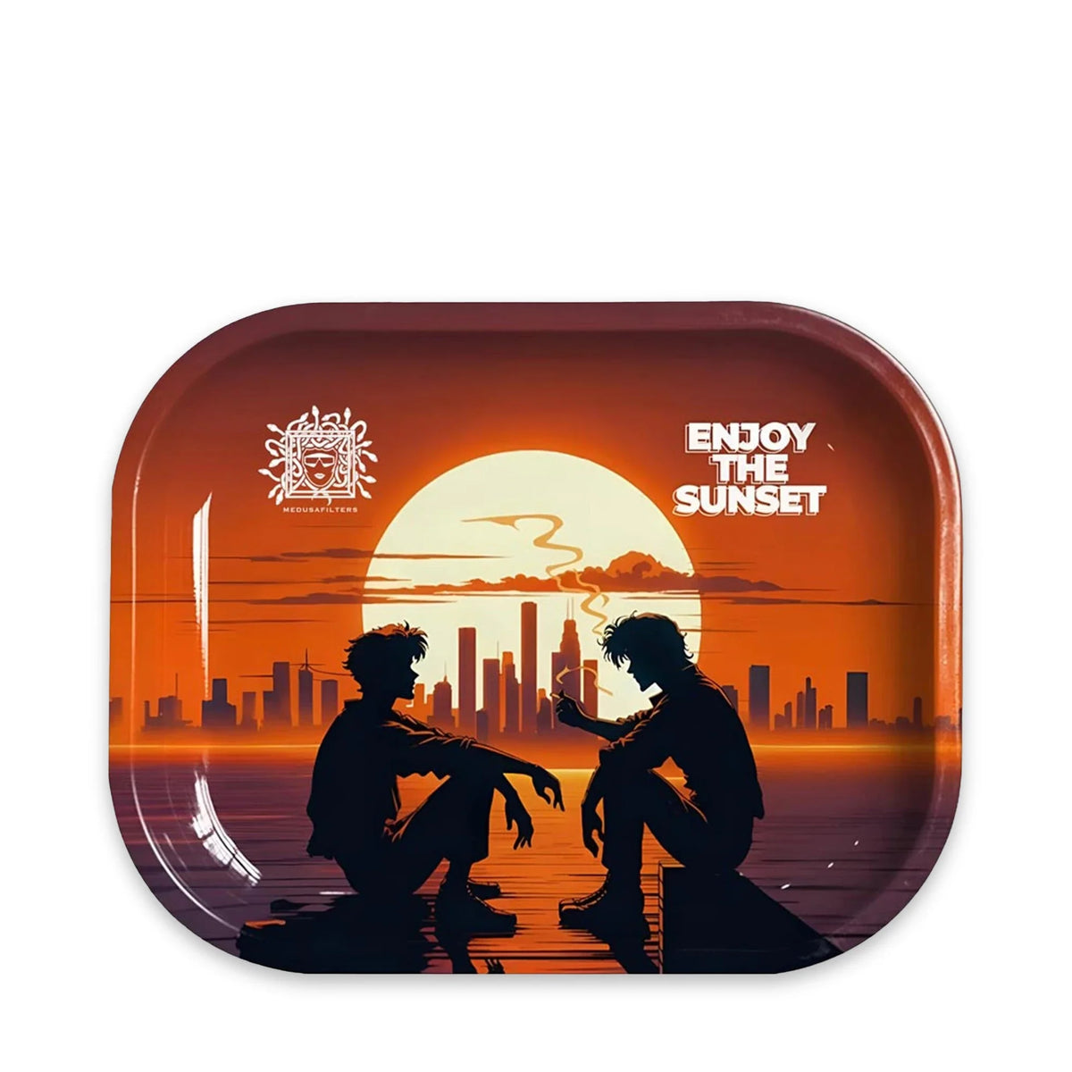 Medusafilters Rolling Tray S in SUNSET mit Skyline im Sonnenuntergang, 180 × 125 mm