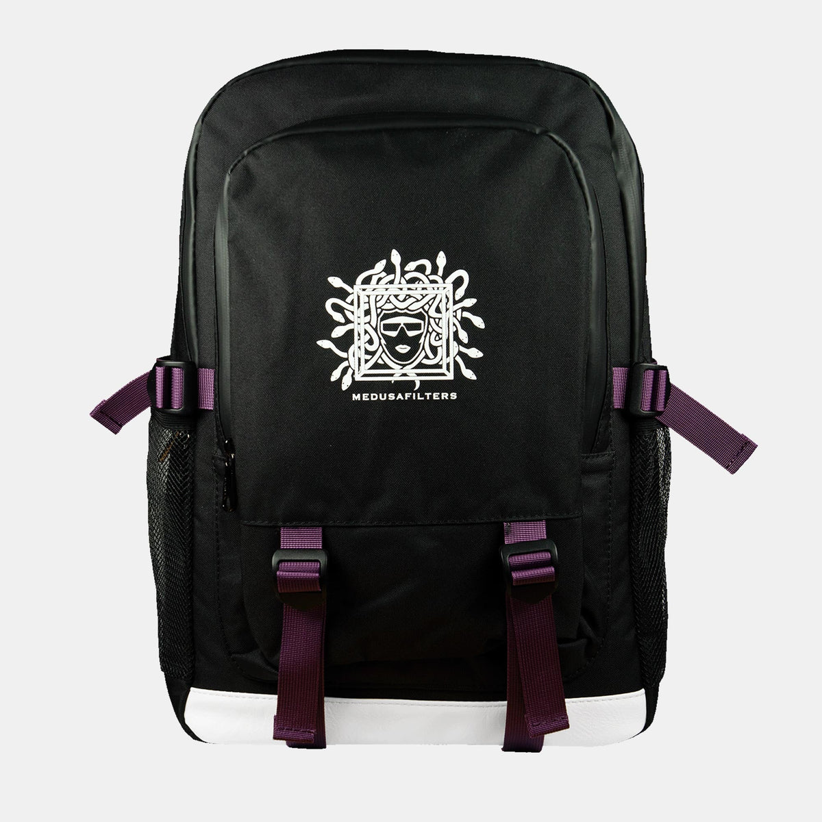 Medusafilters Rucksack geruchsdicht, Vorderseite mit Medusa-Logo und violetten Riemen