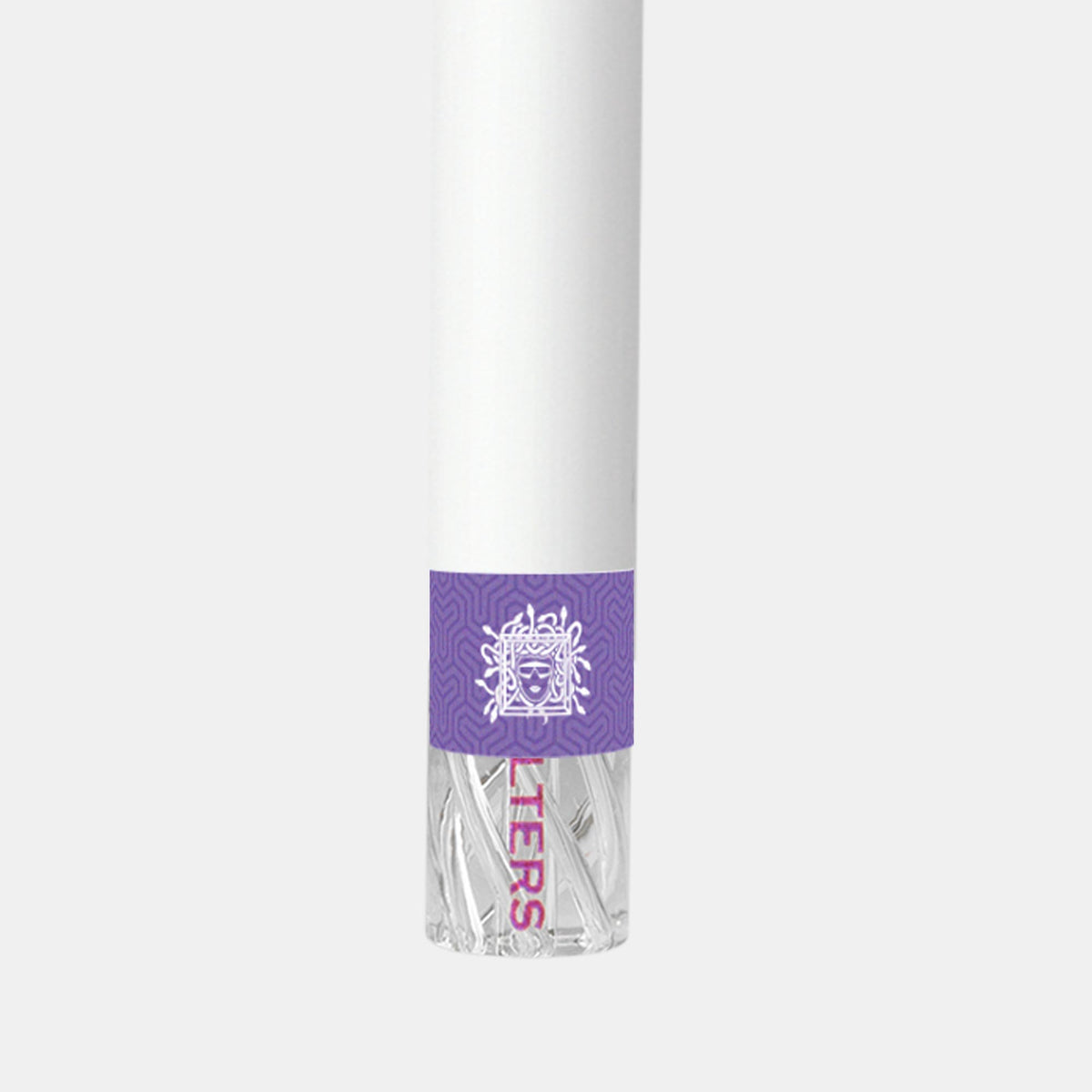 Twisted Glasfilter mit violettem Medusa-Sticker am Paper befestigt
