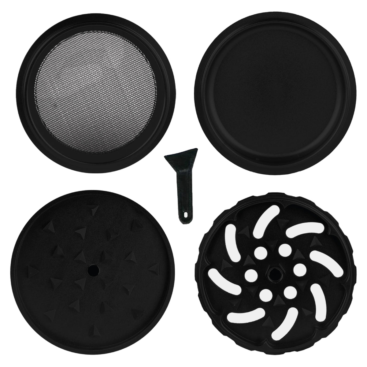 Einzelteile des Spike Grinders BLACK: Deckel, Mahlkammer, Siebkammer, Auffangfach und Schaber