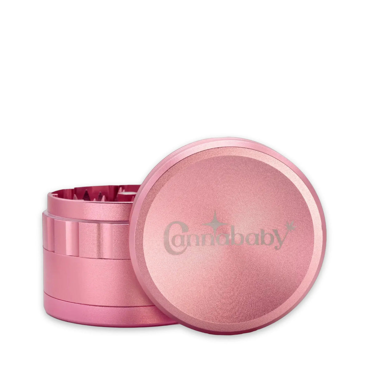 Medusafilters Spike Grinder CANNABABY Edition in Rosa, Deckel mit Cannababy-Logo