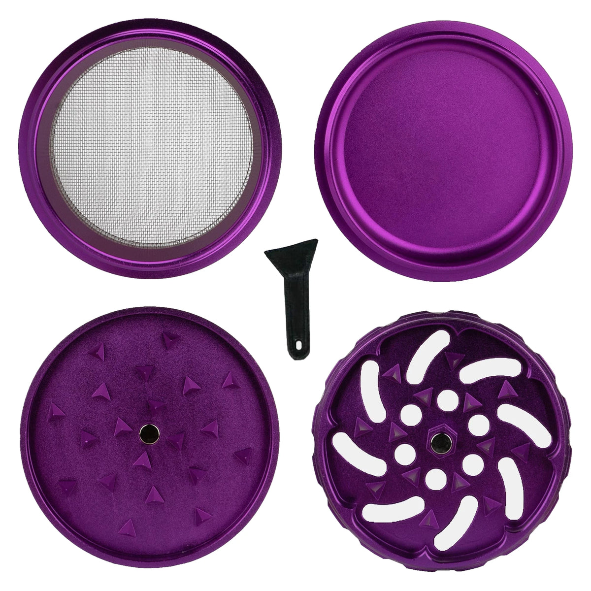 Einzelteile des Spike Grinders VIOLET: Deckel, Mahlkammer, Siebkammer, Auffangfach und Schaber