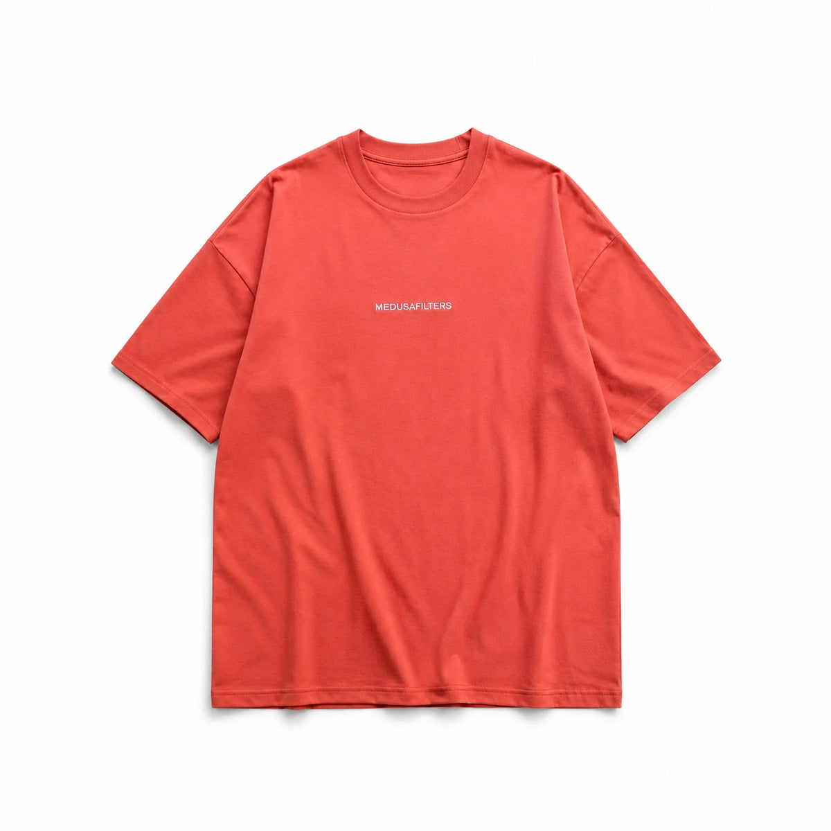 Medusafilters T-Shirt Orange, Vorderseite mit gesticktem Schriftzug
