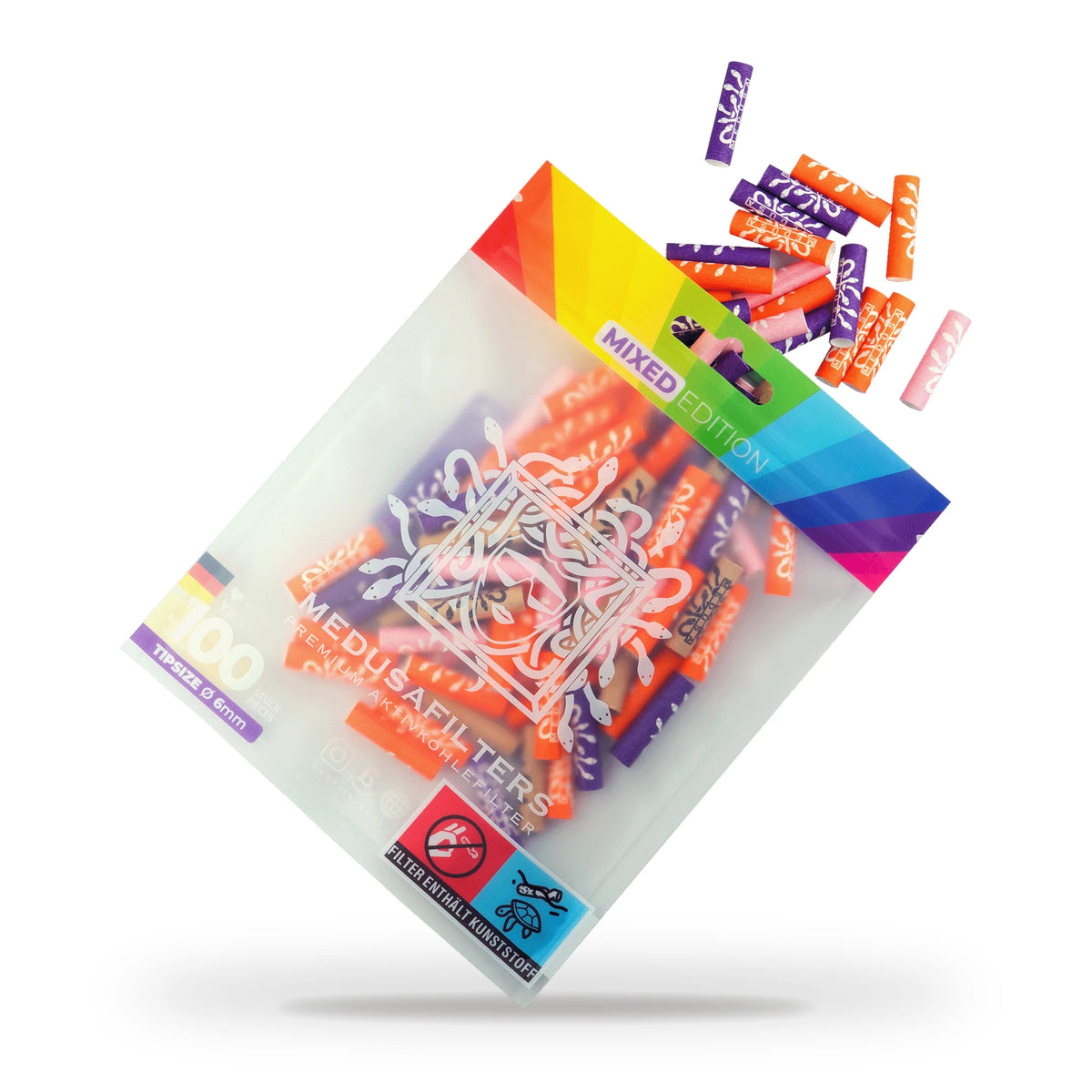 Medusafilters Aktivkohlefilter 6 mm MIXED Edition mit gemischten Farben, 100er-Packung mit herausfallenden Filtern