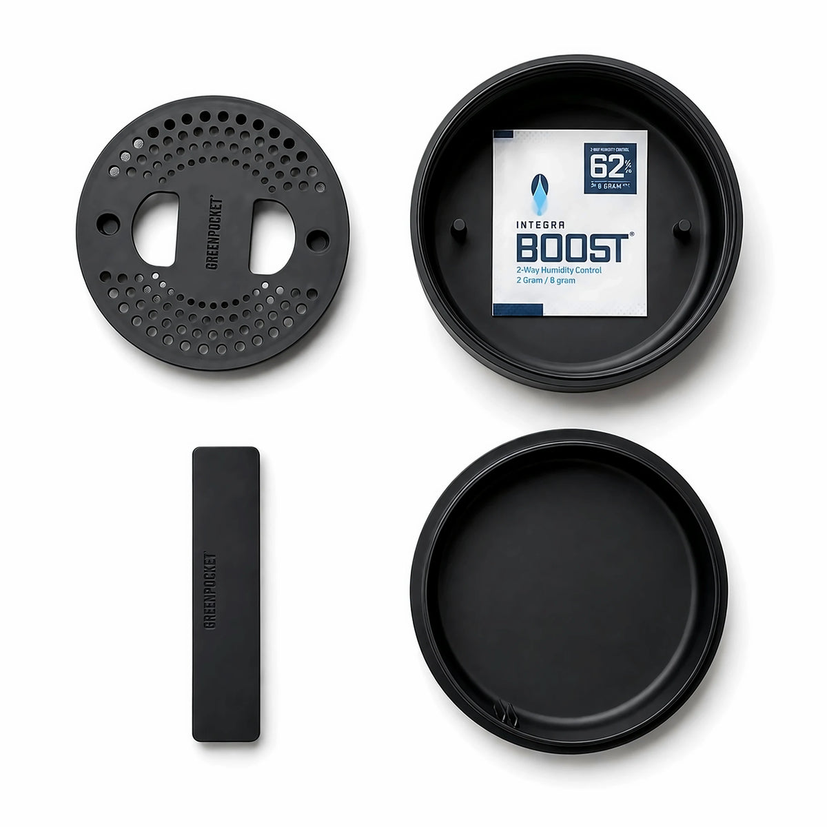 Alle Teile der Green Pocket Black: Dose, Deckel mit Feuchtigkeits-Pack, Sieb-Einsatz und Trennwand