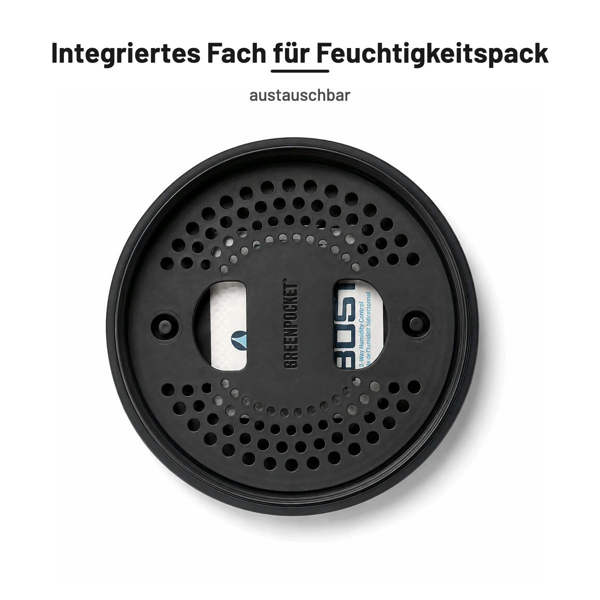 Deckel der Green Pocket Black von innen mit Sieb-Einsatz und Fach für das Feuchtigkeits-Pack