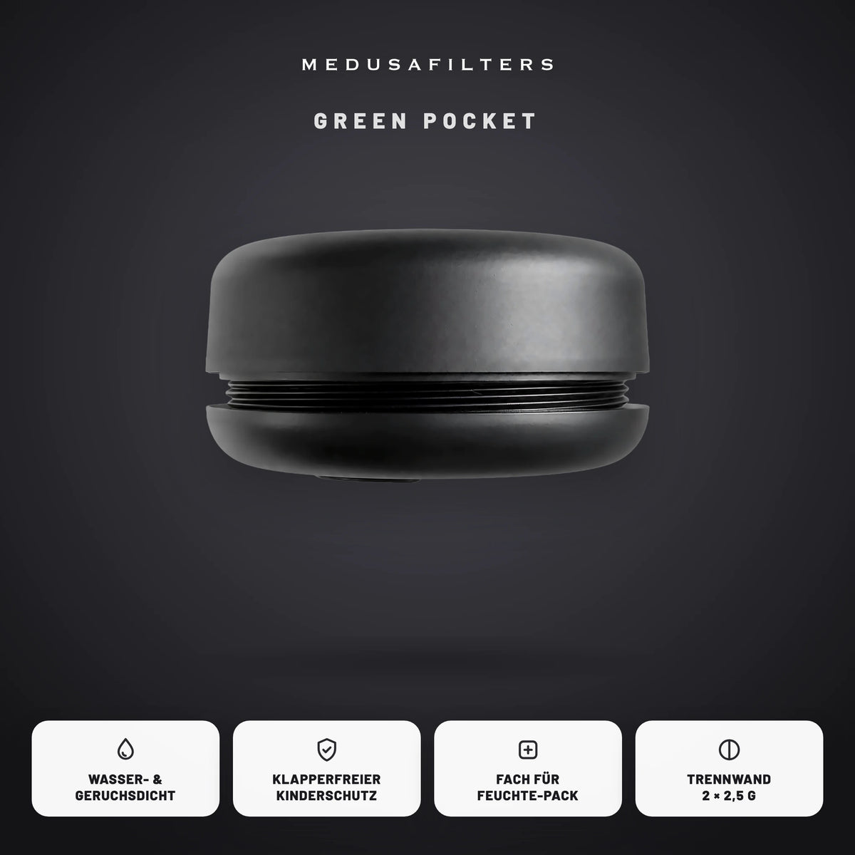Green Pocket Black geschlossen auf farbigem Grund, darunter vier Merkmale der Dose