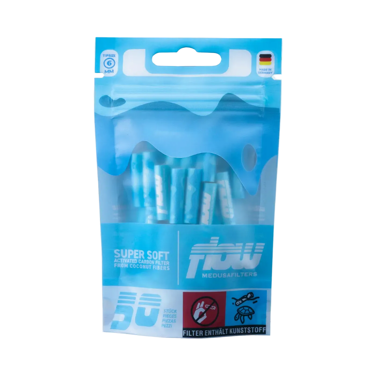 FLOW 50er-Beutel von vorne mit Sichtfenster auf die Filter
