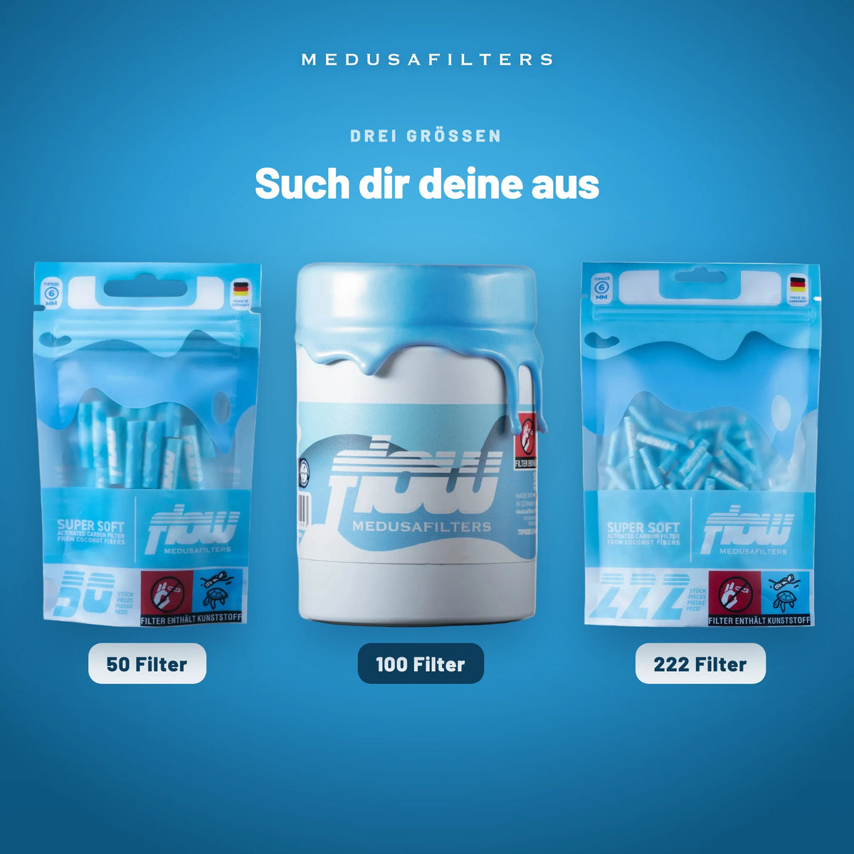 Die drei FLOW Packungsgrößen 50, 100 und 222 Filter, hervorgehoben: 100 Filter im Glas