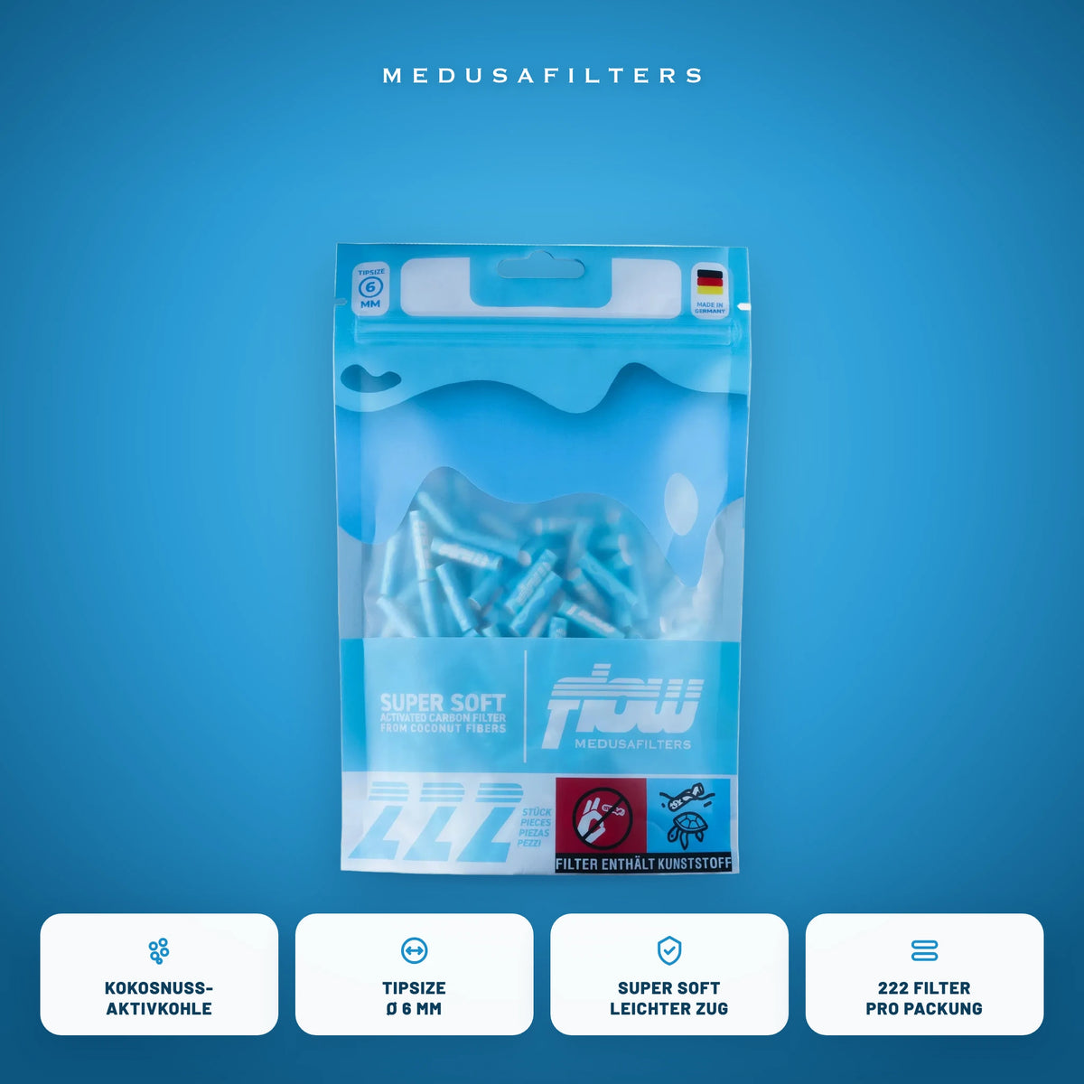 FLOW Aktivkohlefilter 6 mm, 222er-Packung, Kokosnuss-Aktivkohle, Tipsize 6 mm, leichter Zug