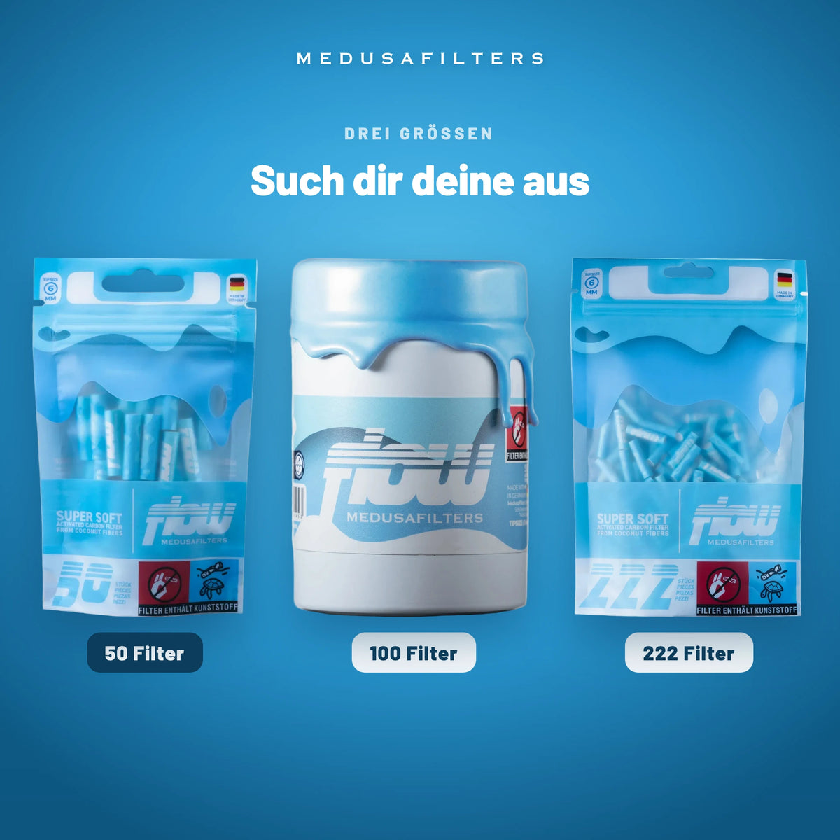 Die drei FLOW Packungsgrößen 50, 100 und 222 Filter, hervorgehoben: 50 Filter