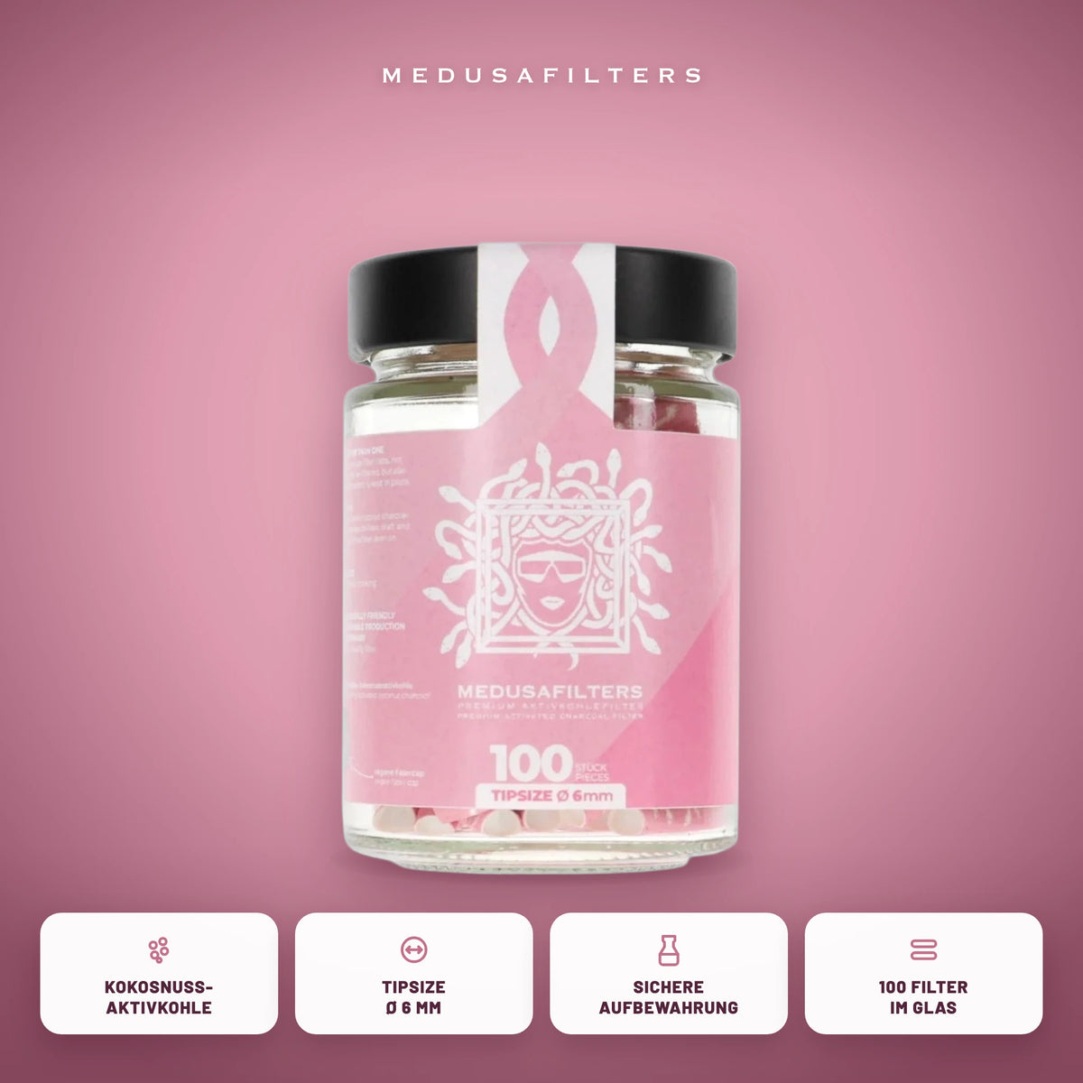Medusafilters Aktivkohlefilter 6 mm im Glas, 100 Filter ROSÉ, Kokosnuss-Aktivkohle, Tipsize 6 mm