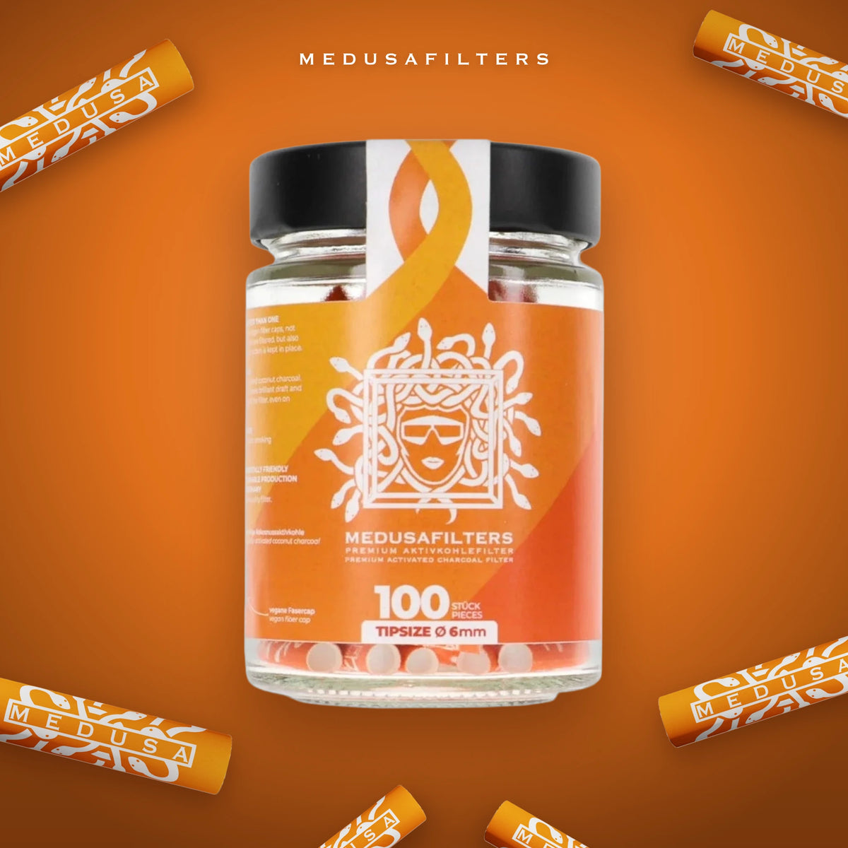 100er-Glas SUNSET mit verstreuten Medusafilters Aktivkohlefiltern