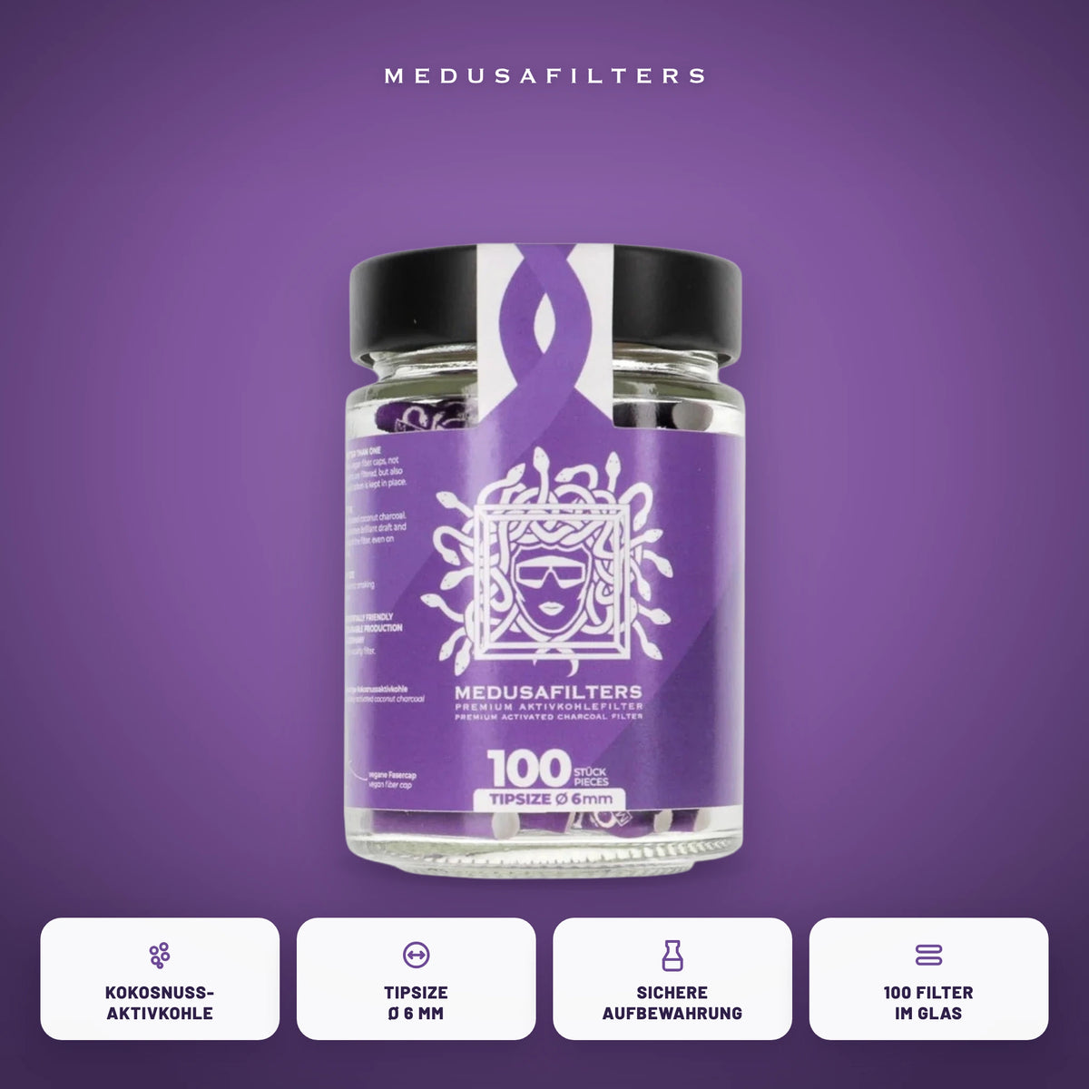 Medusafilters Aktivkohlefilter 6 mm im Glas, 100 Filter VIOLET, Kokosnuss-Aktivkohle, Tipsize 6 mm