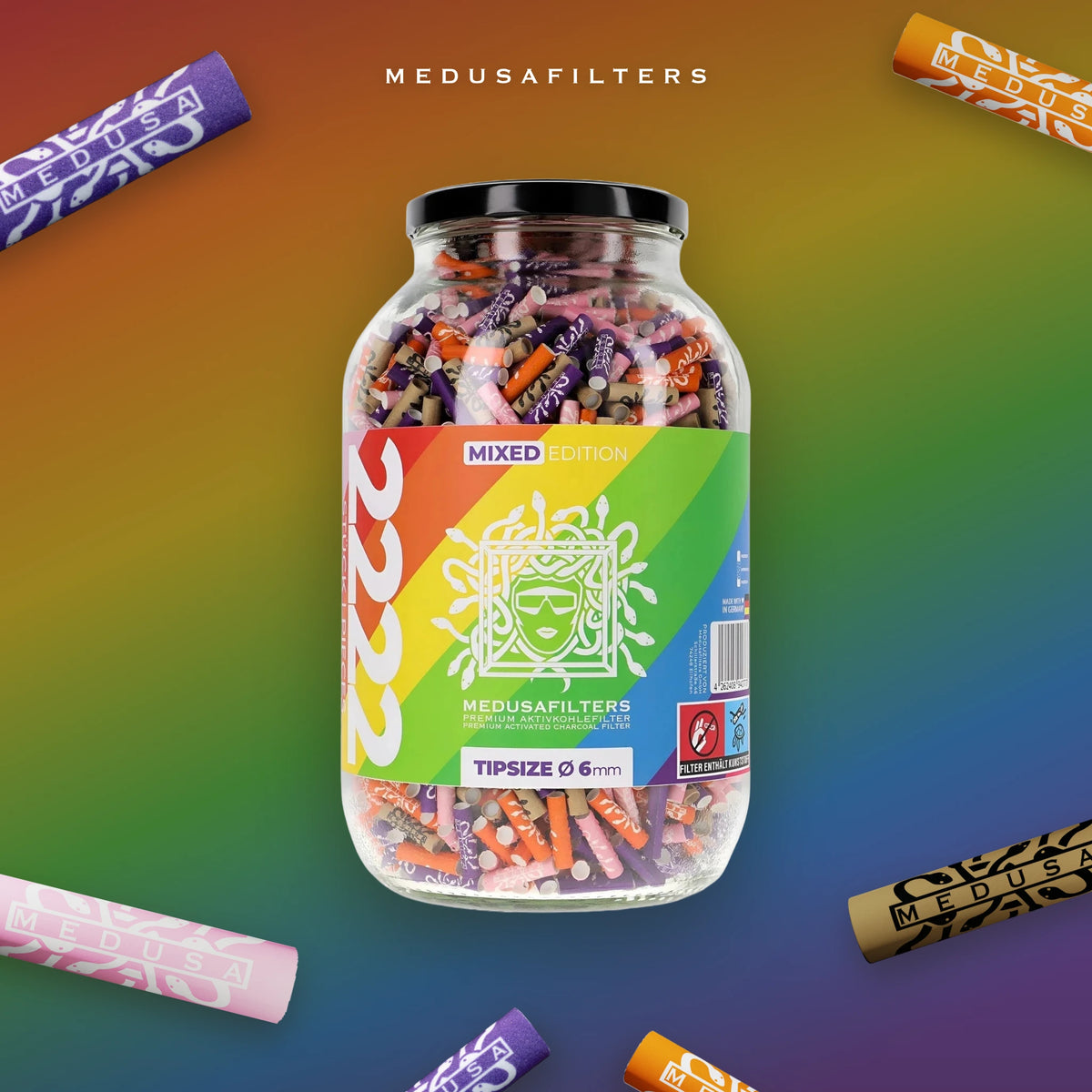 2222er-Glas MIXED mit verstreuten Medusafilters Aktivkohlefiltern