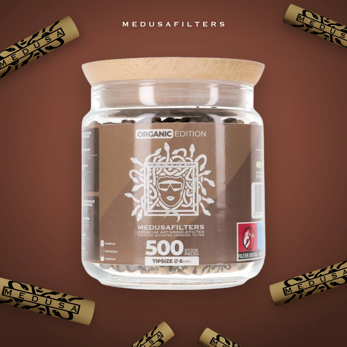 500er-Glas ORGANIC mit verstreuten Medusafilters Aktivkohlefiltern