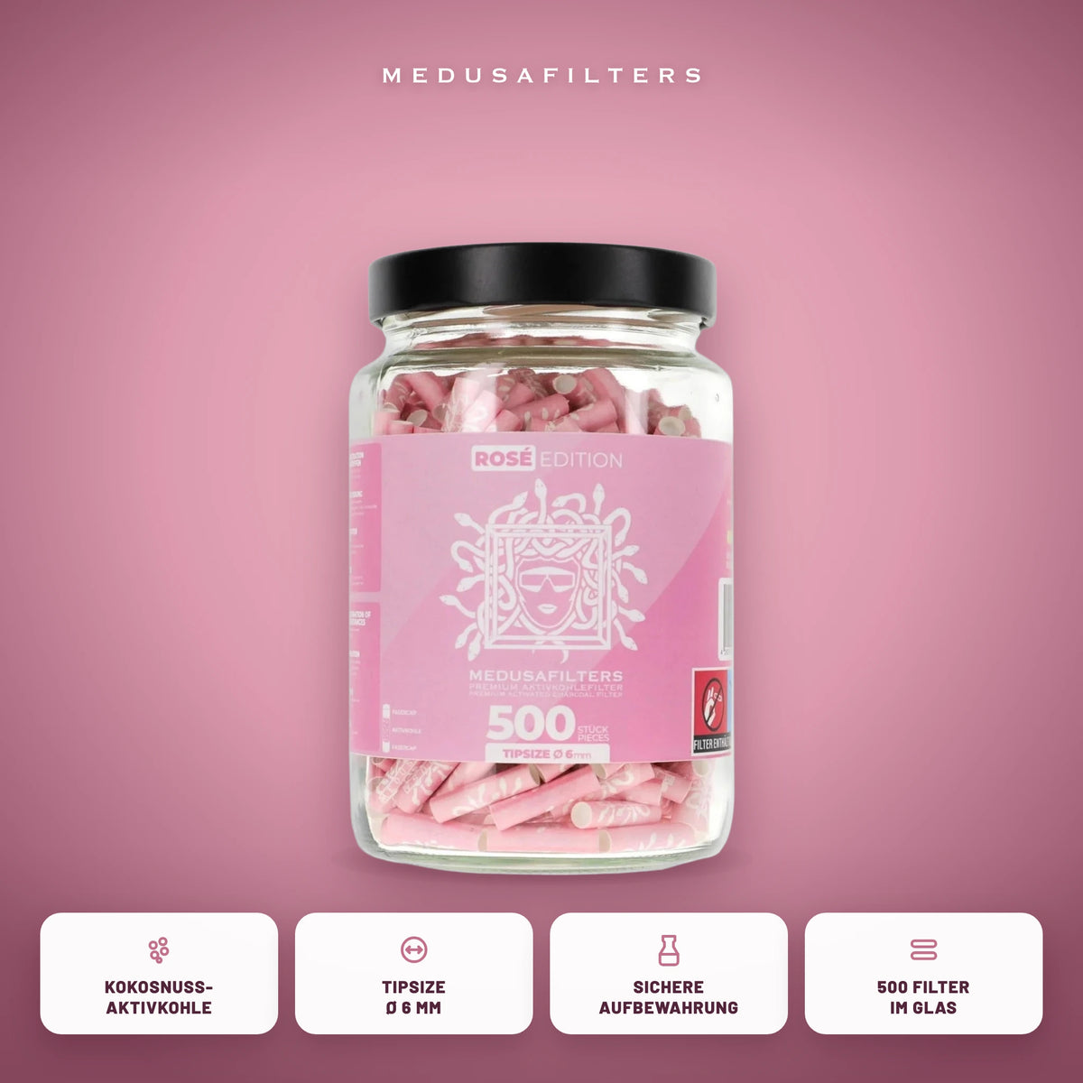 Medusafilters Aktivkohlefilter 6 mm im Glas, 500 Filter ROSÉ, Kokosnuss-Aktivkohle, Tipsize 6 mm
