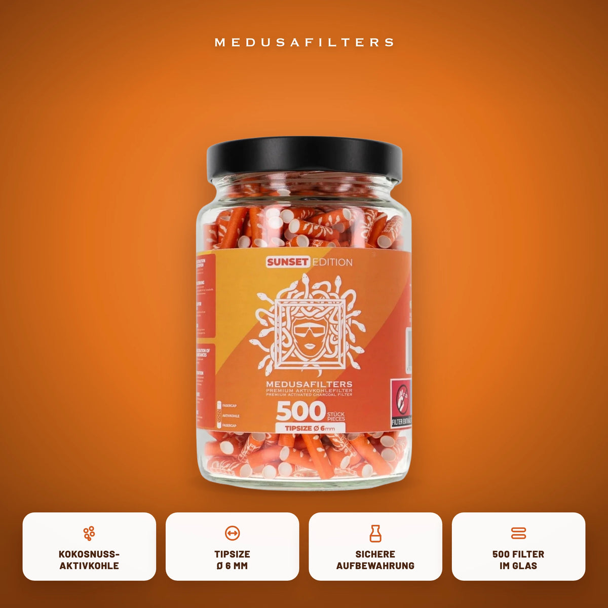 Medusafilters Aktivkohlefilter 6 mm im Glas, 500 Filter SUNSET, Kokosnuss-Aktivkohle, Tipsize 6 mm