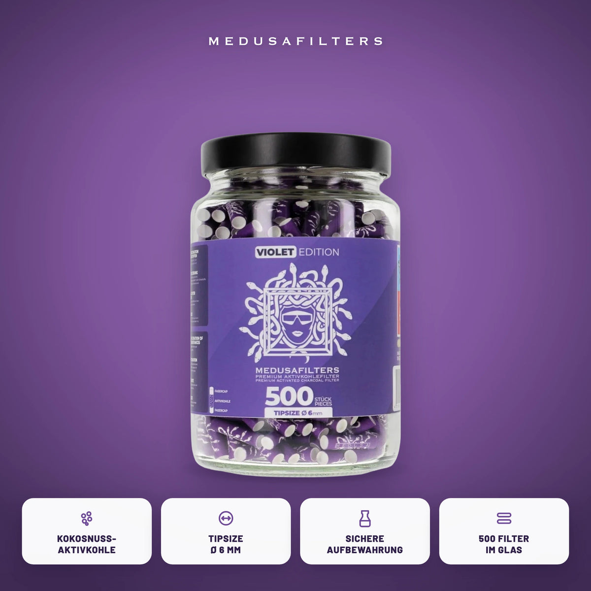 Medusafilters Aktivkohlefilter 6 mm im Glas, 500 Filter VIOLET, Kokosnuss-Aktivkohle, Tipsize 6 mm