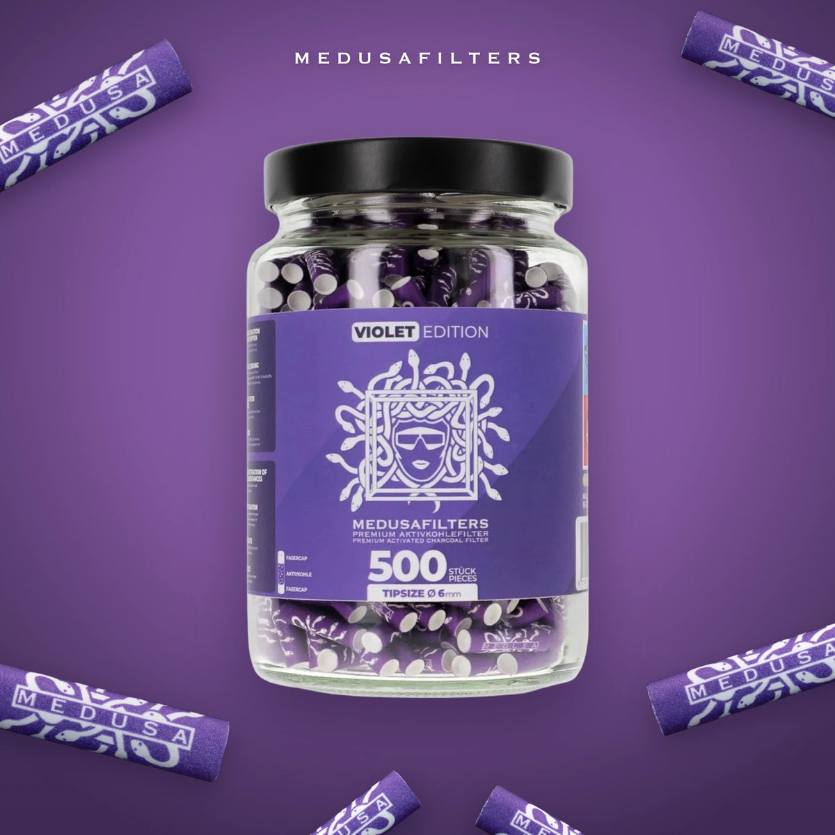 500er-Glas VIOLET mit verstreuten Medusafilters Aktivkohlefiltern