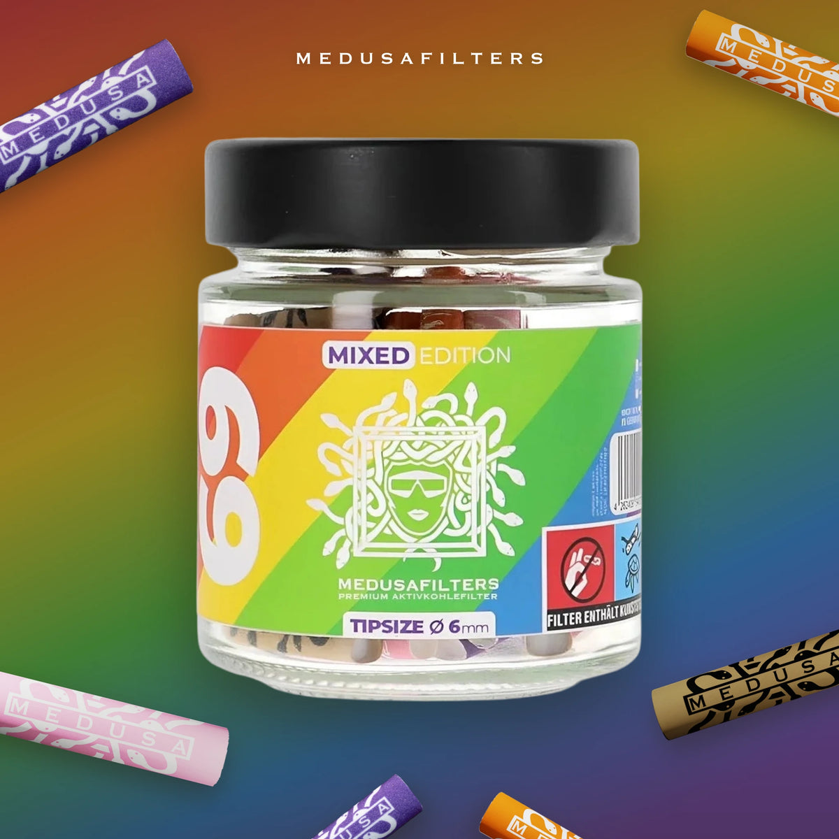 69er-Glas MIXED mit verstreuten Medusafilters Aktivkohlefiltern