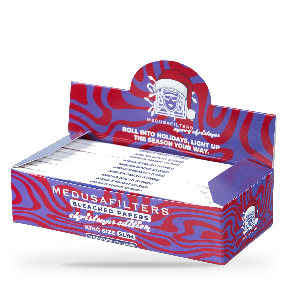 Medusafilters Longpapers King Size Slim XMAS Edition, 10er-Display mit 10 Heften, gebleichtes Papier, 32 Blatt pro Heft