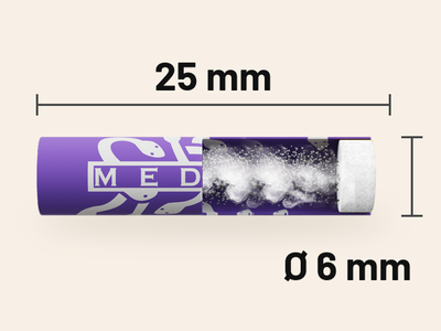 Aufgeschnittener VIOLET Aktivkohlefilter mit Kokosnuss-Aktivkohle und Faserkappe, 25 mm lang, Ø 6 mm