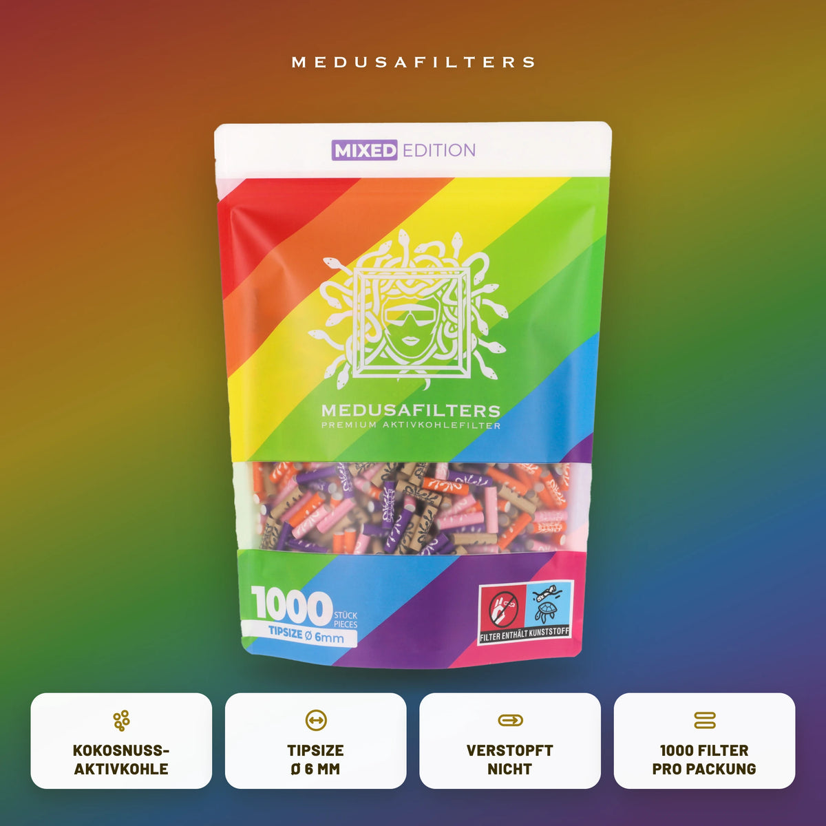 Medusafilters Aktivkohlefilter 6 mm MIXED Edition mit gemischten Farben, 1000er-Packung, Kokosnuss-Aktivkohle, Tipsize 6 mm