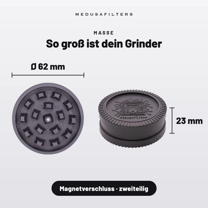 So groß ist dein Grinder: BLACK, Draufsicht Ø 62 mm und Seitenansicht 23 mm hoch, Magnetverschluss, zweiteilig