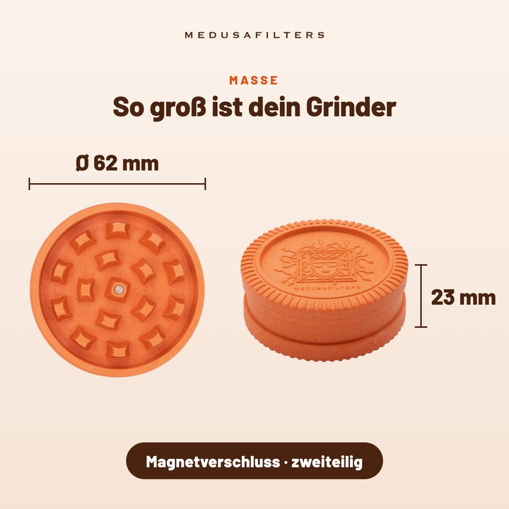 So groß ist dein Grinder: SUNSET, Draufsicht Ø 62 mm und Seitenansicht 23 mm hoch, Magnetverschluss, zweiteilig