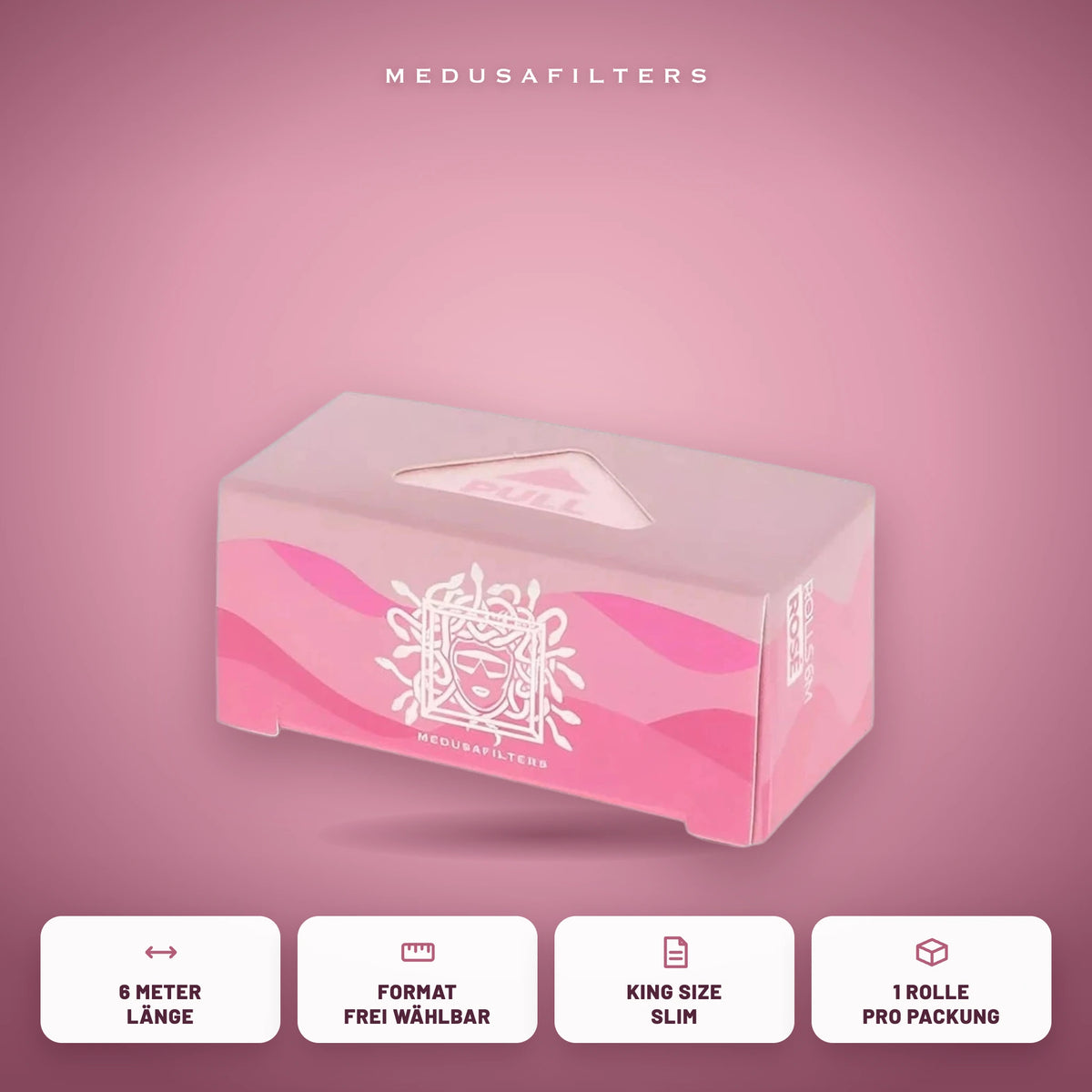 Endless-Rolls-Box ROSÉ mit den Vorteilen 6 Meter Länge, Format frei wählbar, King Size Slim, 1 Rolle pro Packung