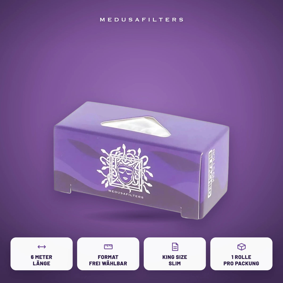 Endless-Rolls-Box VIOLET mit den Vorteilen 6 Meter Länge, Format frei wählbar, King Size Slim, 1 Rolle pro Packung