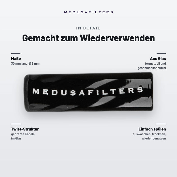 Gemacht zum Wiederverwenden: Twisted Glasfilter BLACK, 30 mm lang, Ø 9 mm. Aus Glas, formstabil und geschmacksneutral; Twist-Struktur mit gedrehten Kanälen; einfach spülen, trocknen, wieder benutzen