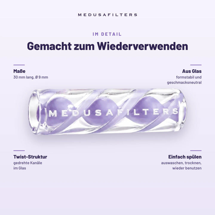 Gemacht zum Wiederverwenden: Twisted Glasfilter PASTA, 30 mm lang, Ø 9 mm. Aus Glas, formstabil und geschmacksneutral; Twist-Struktur mit gedrehten Kanälen; einfach spülen, trocknen, wieder benutzen