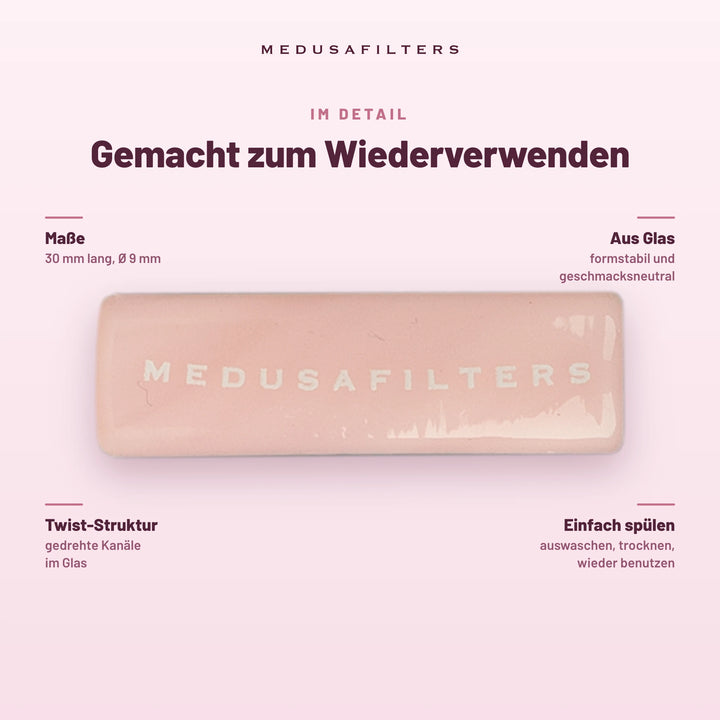 Gemacht zum Wiederverwenden: Twisted Glasfilter ROSÉ, 30 mm lang, Ø 9 mm. Aus Glas, formstabil und geschmacksneutral; Twist-Struktur mit gedrehten Kanälen; einfach spülen, trocknen, wieder benutzen
