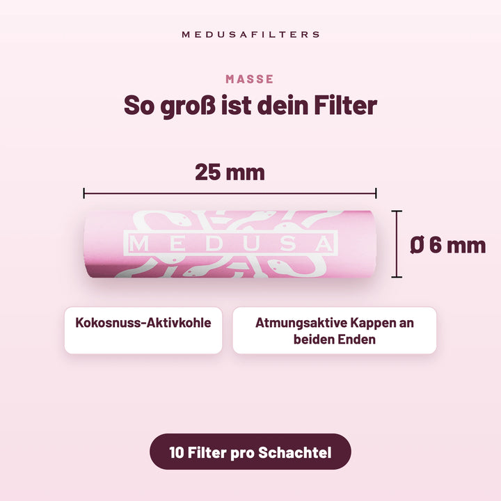 So groß ist dein Filter: ROSÉ Aktivkohlefilter, 25 mm lang, Ø 6 mm, mit Kokosnuss-Aktivkohle und atmungsaktiven Kappen an beiden Enden, 10 Filter pro Schachtel