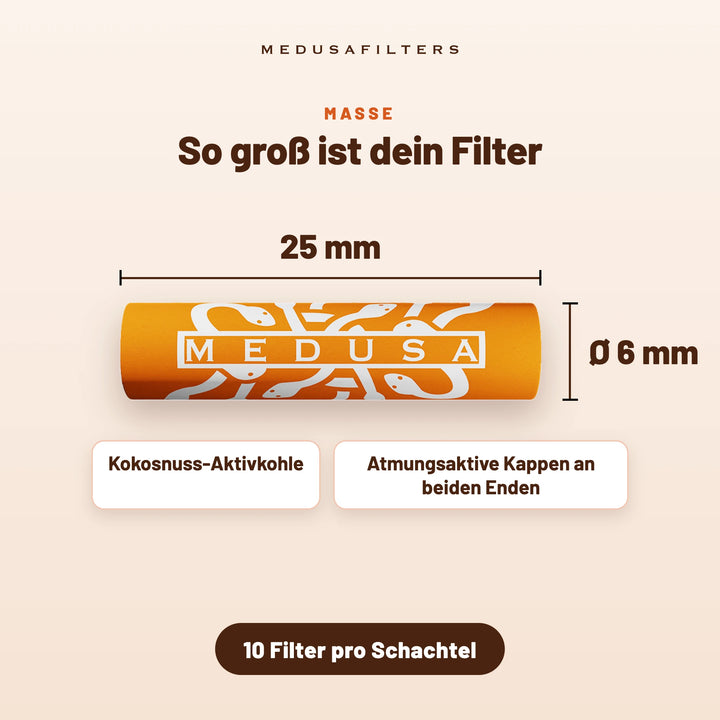 So groß ist dein Filter: SUNSET Aktivkohlefilter, 25 mm lang, Ø 6 mm, mit Kokosnuss-Aktivkohle und atmungsaktiven Kappen an beiden Enden, 10 Filter pro Schachtel