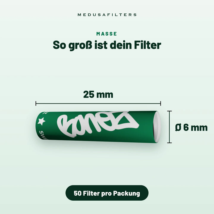 So groß ist dein Filter: Aktivkohlefilter im Design von BONEZ MC, 25 mm lang, Ø 6 mm, 50 Filter pro Packung